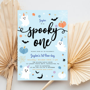 Spooky One Cute Ghost Blue Halloween 1st Birthday Invitation