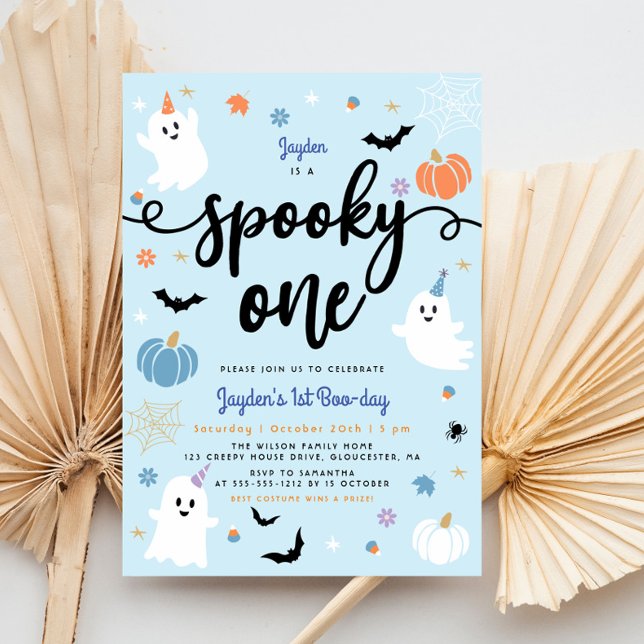 Spooky One Cute Ghost Blue Halloween 1st Birthday Invitation (Creator Uploaded)