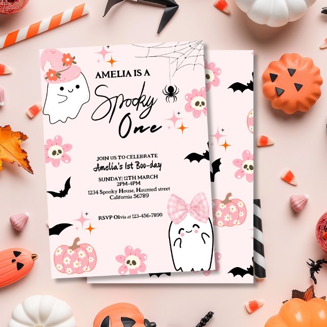 Spooky one cute ghost Pink girl first birthday Invitation (Creator Uploaded)