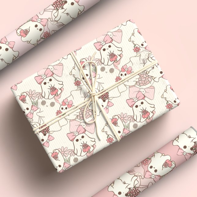 Spooky One Cute Ghost with Pink Bows Wrapping Paper Sheet (Creator Uploaded)