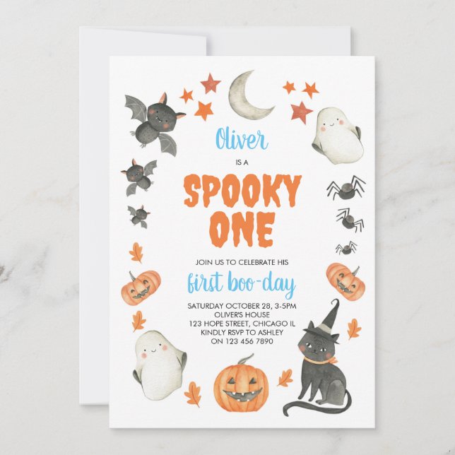Spooky One Cute Halloween Boy Blue 1st Birthday  Invitation (Front)