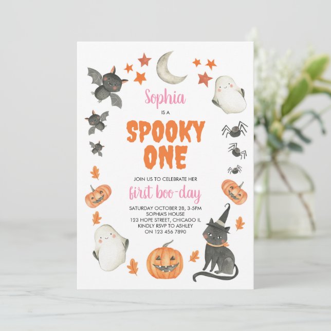 Spooky One Cute Halloween Ghost Girl 1st Birthday  Invitation (Standing Front)