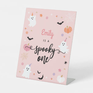 Spooky One Cute Pink Ghost Halloween 1st Birthday Pedestal Sign