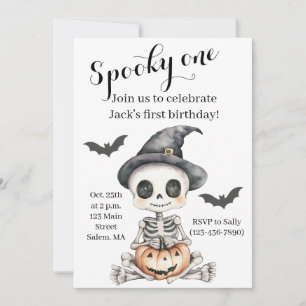 Spooky One   Cute Skeleton Halloween 1st Birthday  Invitation