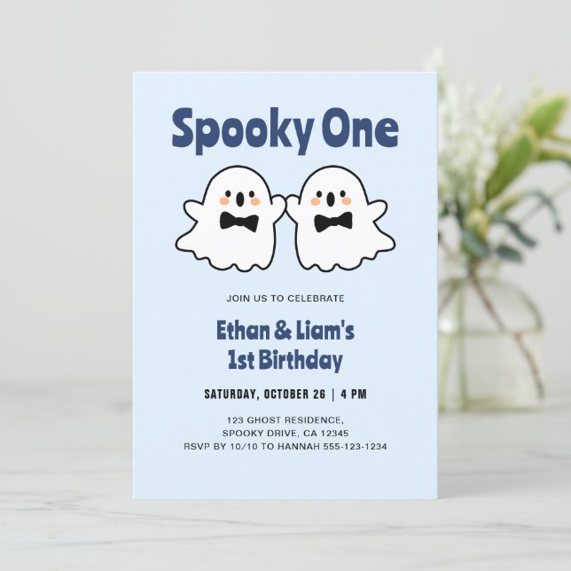 Spooky One Cute Twin Boys Halloween 1st Birthday Invitation (Standing Front)