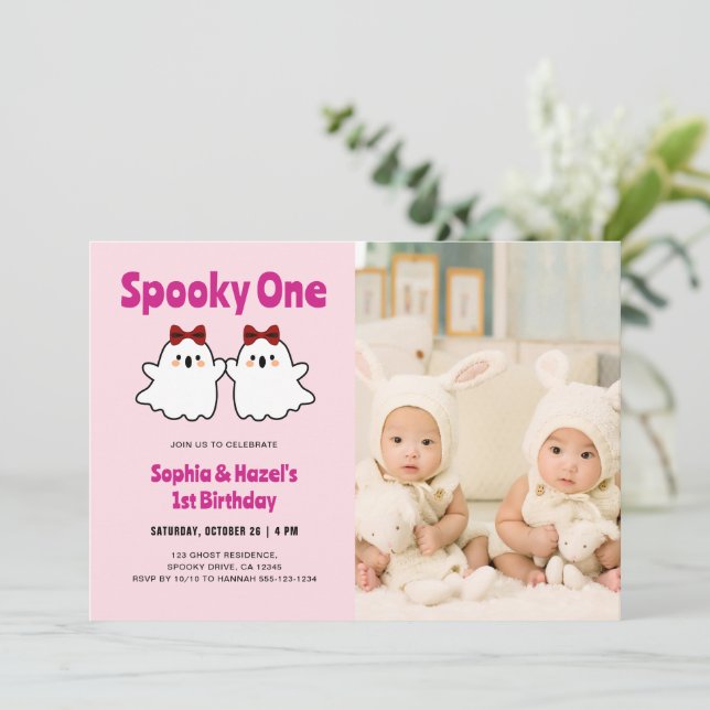 Spooky One Cute Twin Girls 1st Birthday Photo Invitation (Standing Front)