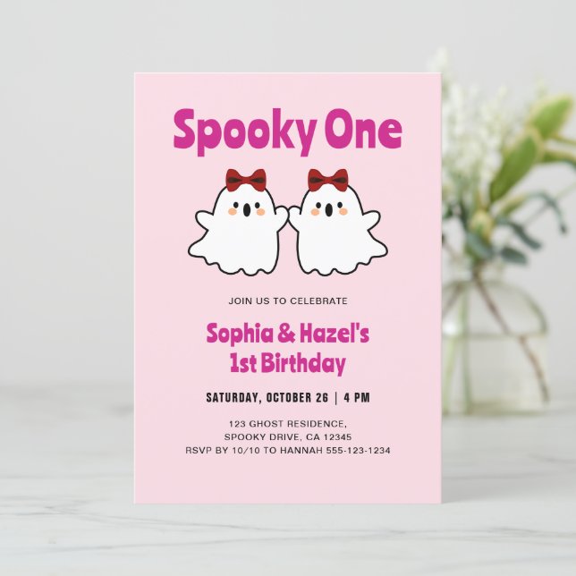 Spooky One Cute Twin Girls Halloween 1st Birthday Invitation (Standing Front)