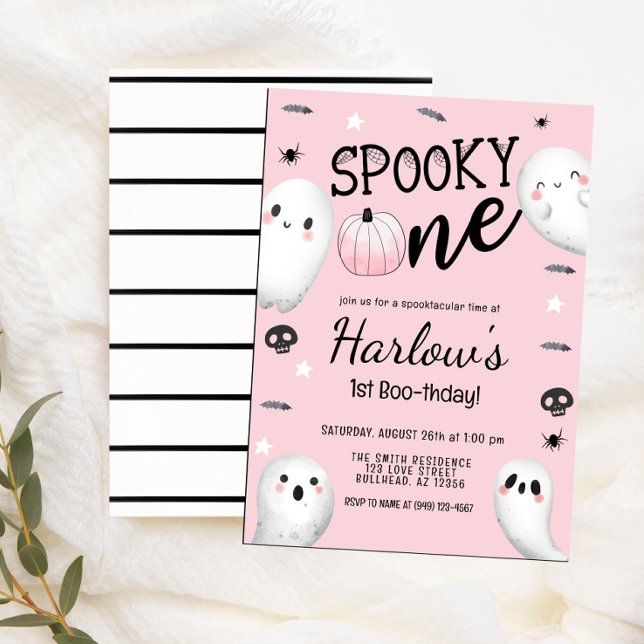 Spooky One Ghost Pastel Pink Halloween Birthday  Invitation (Creator Uploaded)