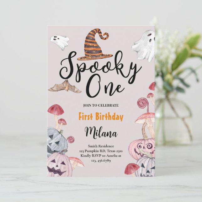 Spooky One Ghost Pumpkin Halloween Birthday Invitation (Standing Front)