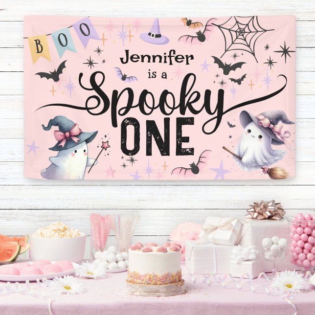 Spooky One Girl Cute Ghost Halloween 1st Birthday Banner (Creator Uploaded)