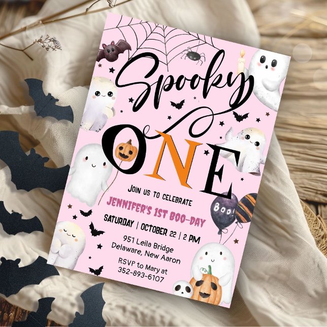 Spooky One Girl Pink Halloween 1st Birthday Invitation (Creator Uploaded)