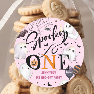 Spooky One Girl Pink Halloween 1st Birthday Party  Classic Round Sticker