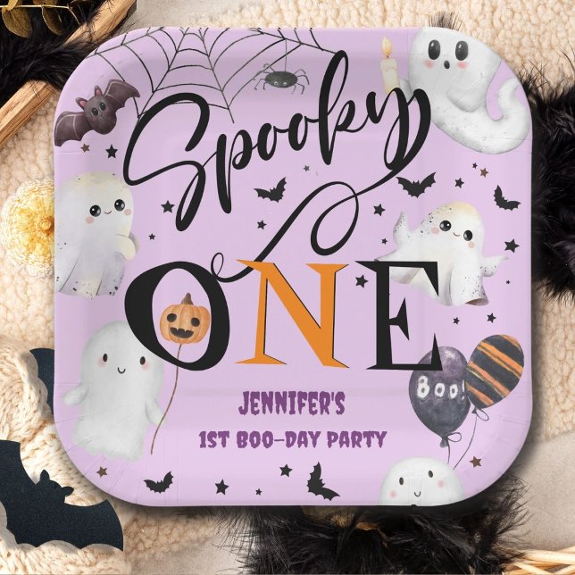 Spooky One Girl Purple Halloween 1st Birthday Paper Plate (Creator Uploaded)