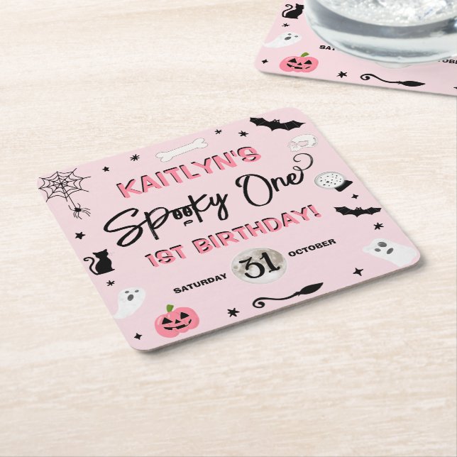 Spooky One! Girls Halloween 1st Birthday Party Square Paper Coaster (Angled)