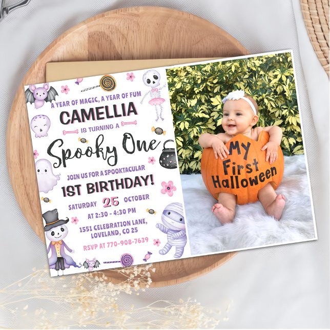 Spooky One Girls Halloween 1st Birthday Photo Invitation (Creator Uploaded)