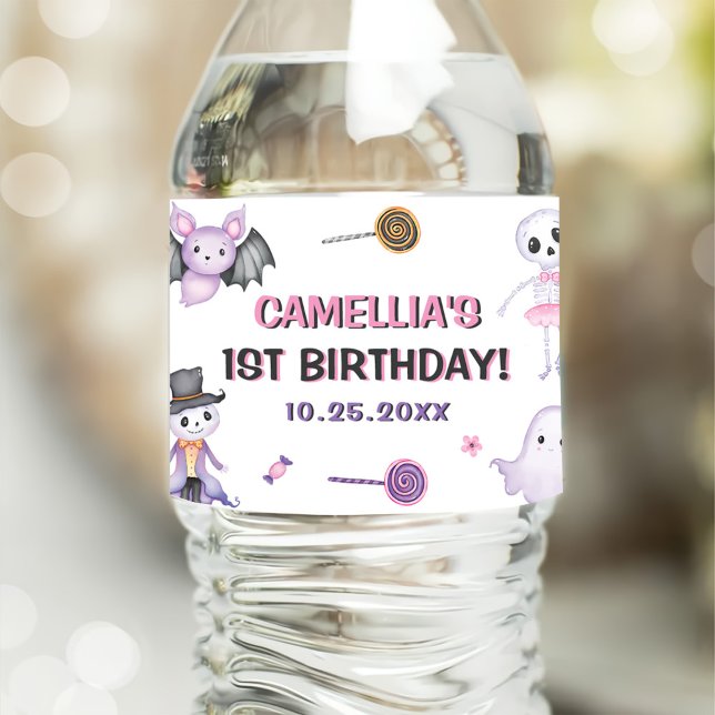 Spooky One Girls Halloween 1st Birthday  Water Bottle Label (Creator Uploaded)