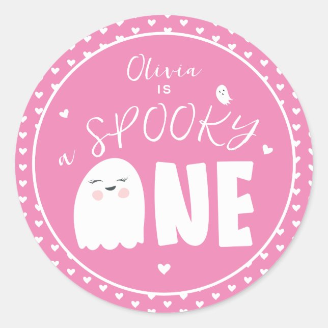 Spooky One Girls Pink Ghost Halloween 1st Birthday Classic Round Sticker (Front)