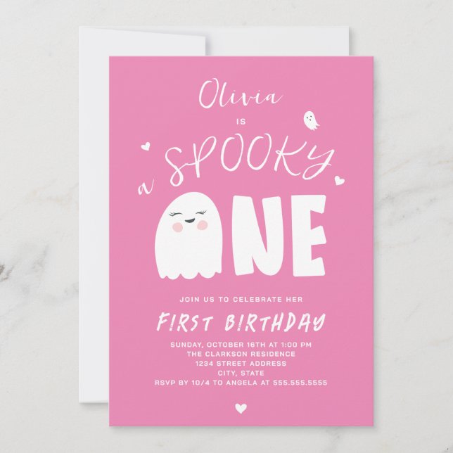 Spooky One Girls Pink Ghost Halloween 1st Birthday Invitation (Front)