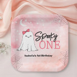 Spooky One Girly Ghost 1st Birthday Party Paper Plate<br><div class="desc">This 1st birthday party paper plate is perfect for a Halloween birthday party. This girly design features a graphic of a ghost wearing a pink bow,  and is accented with the text "Spooky ONE".</div>