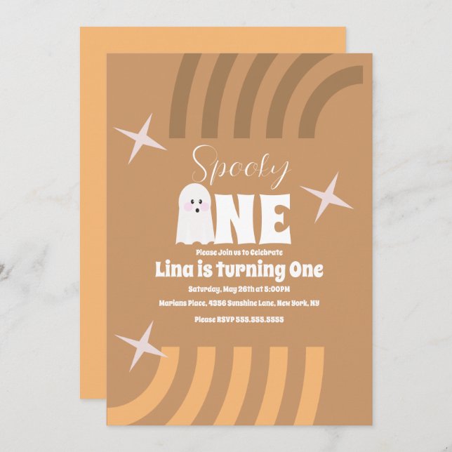 Spooky One Groovy Ghost Halloween Birthday Brown Invitation (Front/Back)