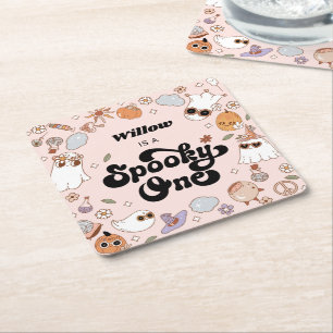 Spooky One Groovy Halloween 1st Birthday Square Paper Coaster