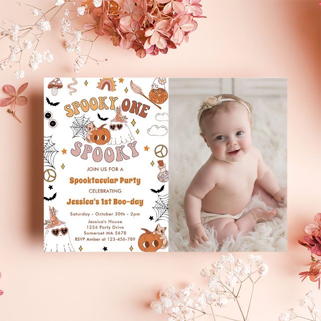 Spooky One Groovy Halloween Cute Birthday Photo Invitation (Creator Uploaded)