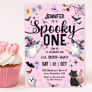 Spooky One Halloween 1st Birthday Ghosts Girl Pink Invitation