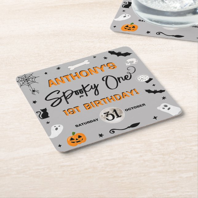 Spooky One! Halloween 1st Birthday Party Square Paper Coaster (Angled)