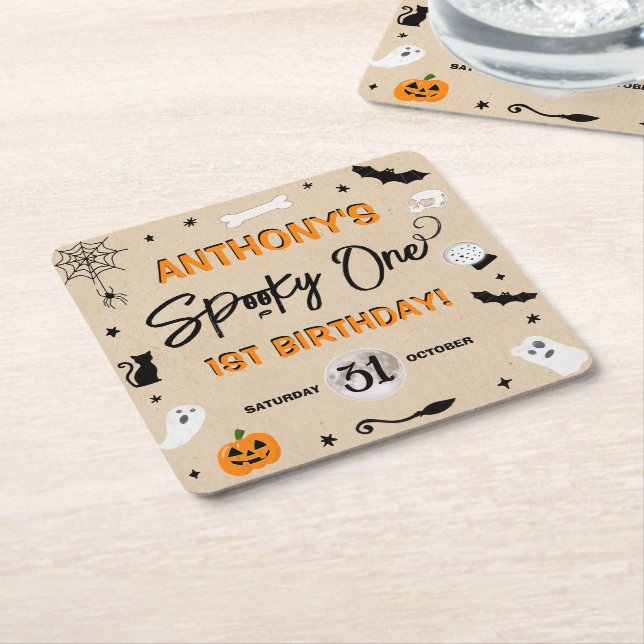 Spooky One! Halloween 1st Birthday Party Square Paper Coaster (Angled)