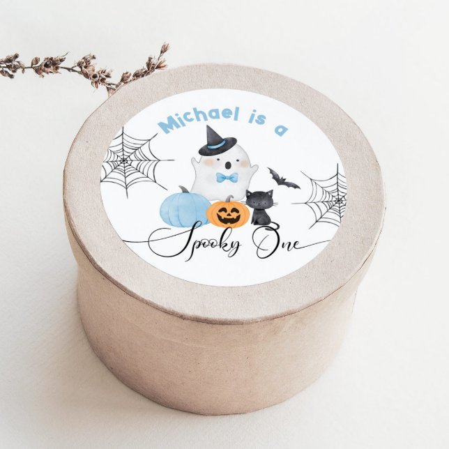 Spooky One Halloween Birthday blue Boo Classic Round Sticker (Creator Uploaded)