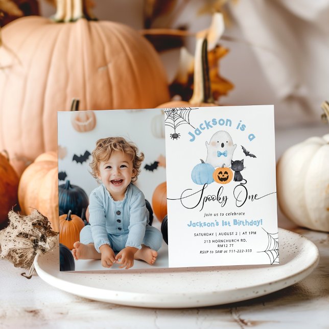 Spooky One Halloween birthday blue boy photo Invitation (Creator Uploaded)