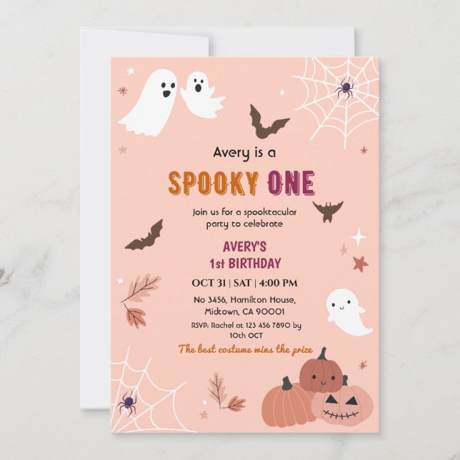 Spooky One Halloween Birthday Ghost Peach bats Invitation (Front)