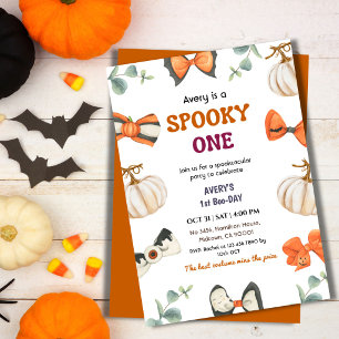 Spooky One Halloween Birthday Pumpkin Bow Cute Invitation