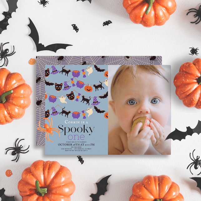 Spooky One Halloween Blue 1st Birthday Photo Invitation (Creator Uploaded)
