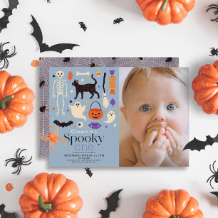 Spooky One Halloween Blue 1st Birthday Photo Invitation