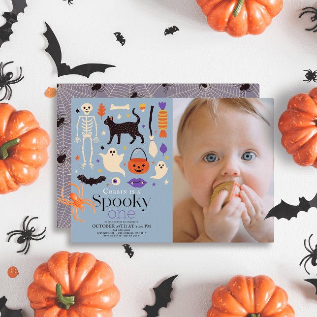 Spooky One Halloween Blue 1st Birthday Photo Invitation (Creator Uploaded)
