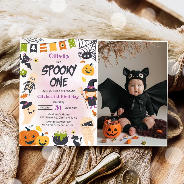 Spooky One Halloween Cute Ghost Birthday Photo  Invitation (Creator Uploaded)
