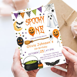 Spooky One Halloween Ghost Pink 1st Birthday Invitation