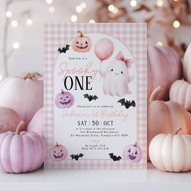 Spooky One Halloween Ghost Pink 1st Birthday Invitation (Spooky One! Pink Gingham Halloween 1st Birthday invitation with cute pumpkin, ghosts and bat. )