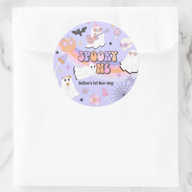 Spooky One Halloween Groovy Ghost 1st Birthday Classic Round Sticker (Bag)
