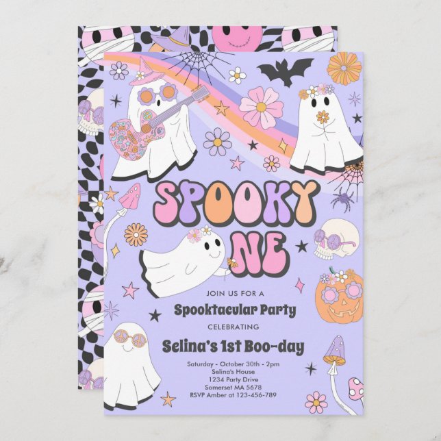 Spooky One Halloween Groovy Ghost 1st Birthday Invitation (Front/Back)