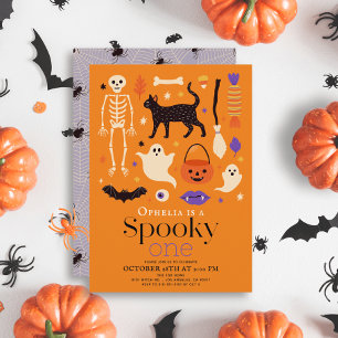 Spooky One Halloween Motifs Orange 1st Birthday Invitation