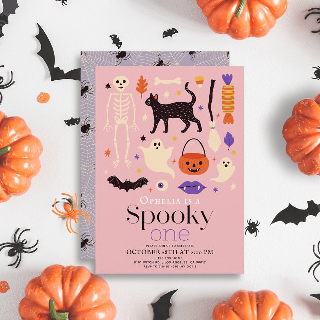 Spooky One Halloween Motifs Pink 1st Birthday Invitation (Creator Uploaded)