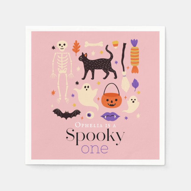 Spooky One Halloween Motifs Pink 1st Birthday Napkin (Front)