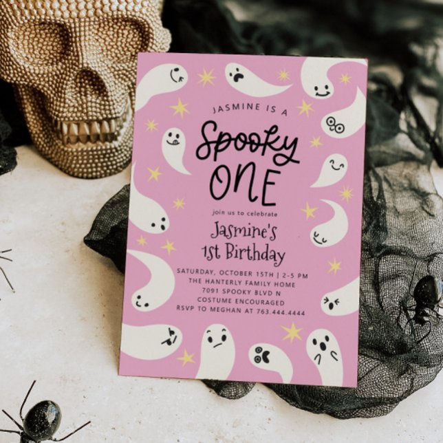 Spooky ONE Halloween Pink Ghost Birthday Invitation (Creator Uploaded)