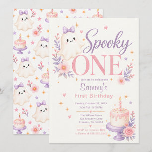 Spooky One Pink Floral Ghost 1st Birthday Invitation