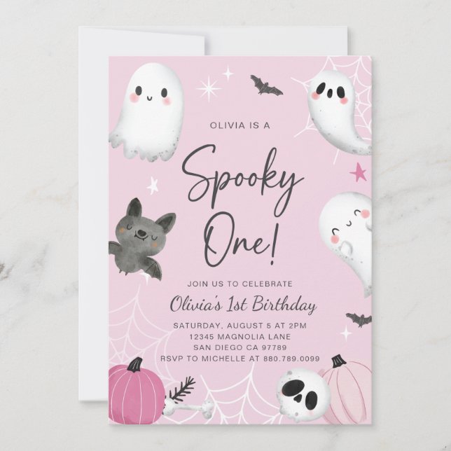 Spooky One Pink Ghost First Birthday Invitation (Front)