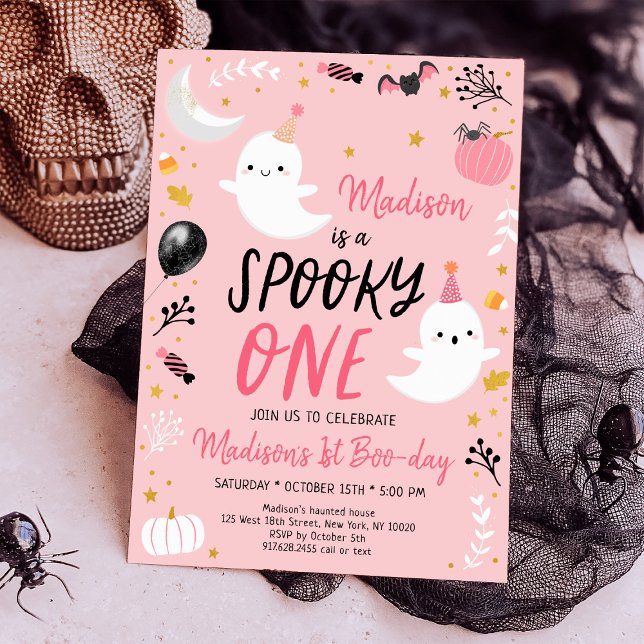 Spooky ONE Pink Ghost Halloween Birthday Invitation (Creator Uploaded)
