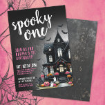 Spooky One Pink Halloween 1st Birthday Invitation<br><div class="desc">Welcome guests to a Halloween-themed 1st birthday party with this cute and playful invitation. Perfect for celebrating a little girl, this design features a dark, moody distressed background with pink and white fonts for a softer look. Pink pumpkin accents replace the traditional orange for a sweet twist, while a black...</div>