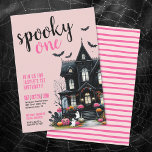 Spooky One Pink Halloween 1st Birthday Invitation<br><div class="desc">Welcome guests to a Halloween 1st birthday party with this fun and girly party invitation. Celebrate your one-year-old in spooktacular style! The design features a light blush pink background with a mix of bright pink and black fonts for a bold contrast. At the bottom is a black haunted house accented...</div>